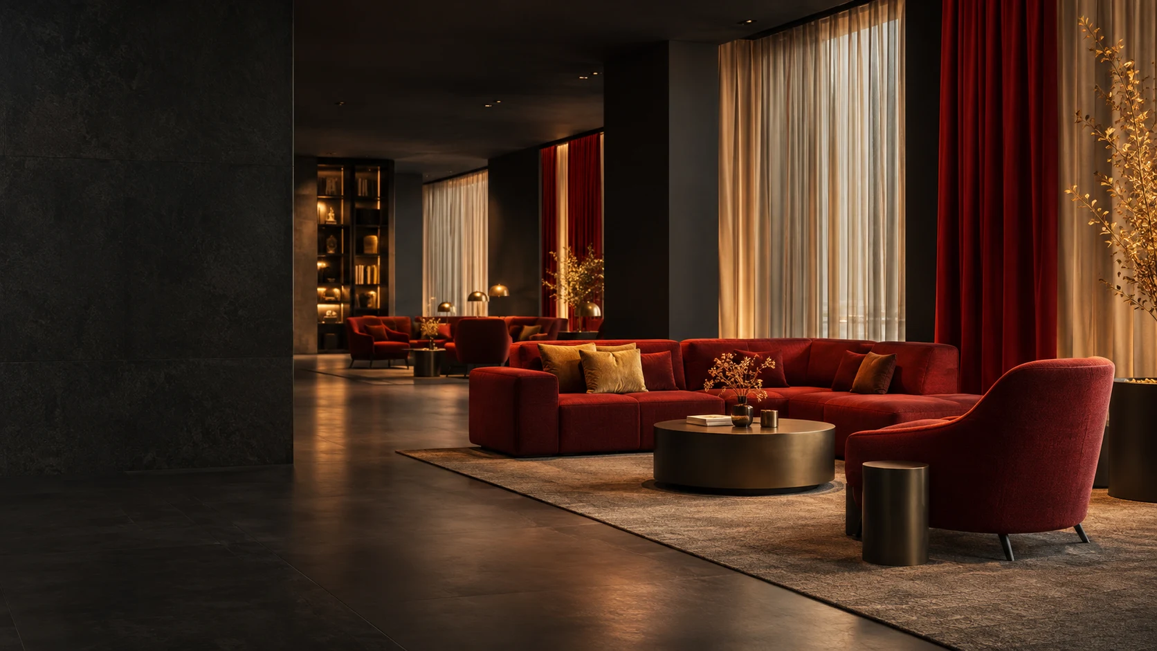 Contract interior with flame-retardant curtains and upholstery