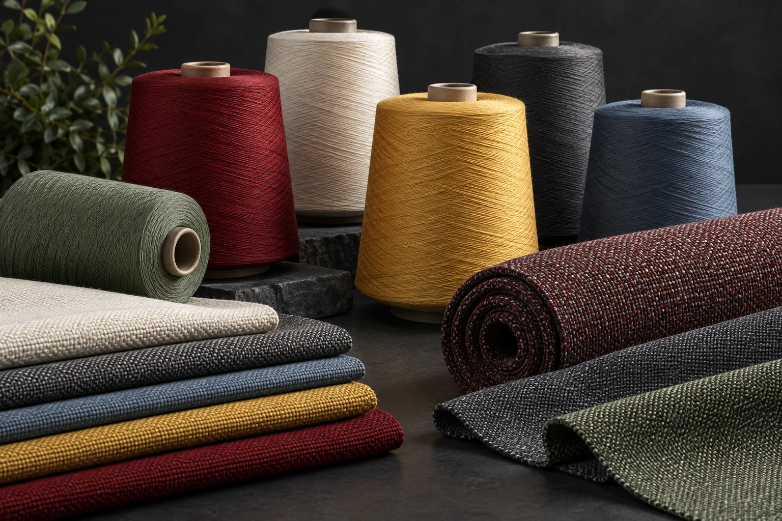 FRP polyester yarn cones and woven contract fabrics